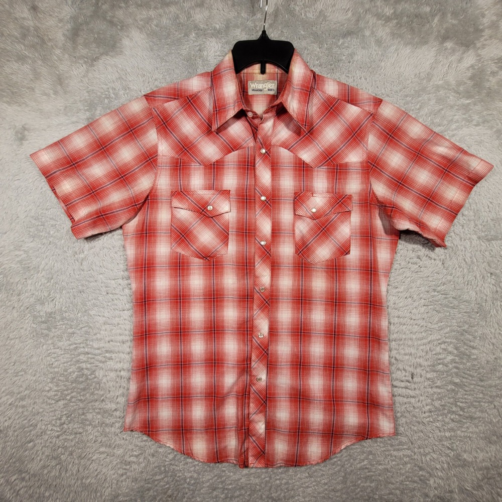 Wrangler Wrancher Shirt Mens M Red Plaid Short Sleeve Western Pearl Snap *